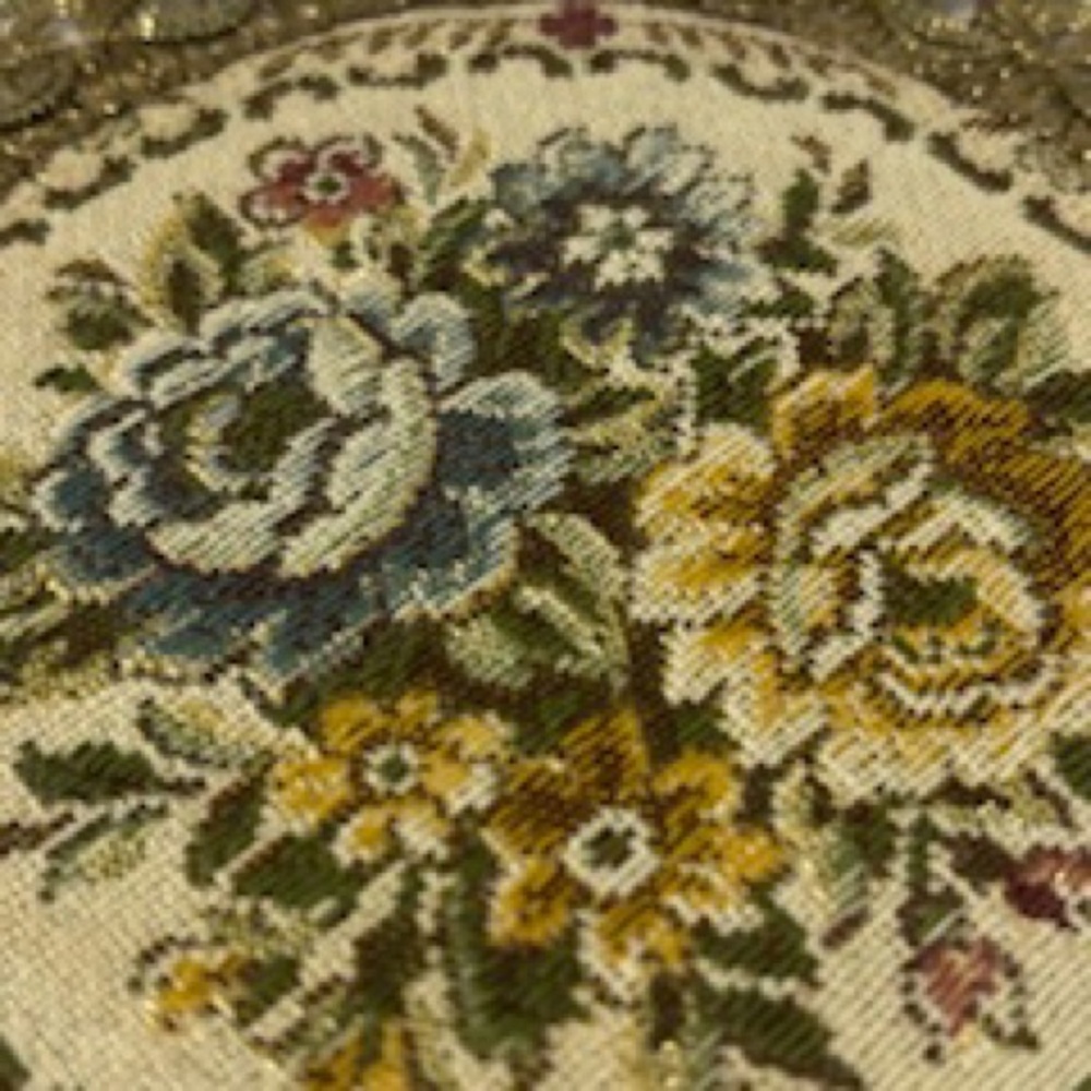 2-Antique Victorian Metallic Doilies ~ Gold Tone Netting Trim Floral Tapestry - Picture 4 of 8
